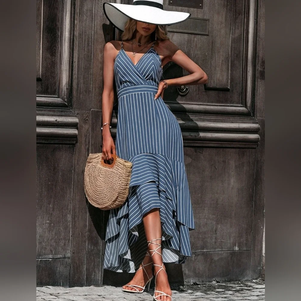 NEW Luxe Striped High Low Ruffle Cami Dress Blue White - Picture 1 of 8